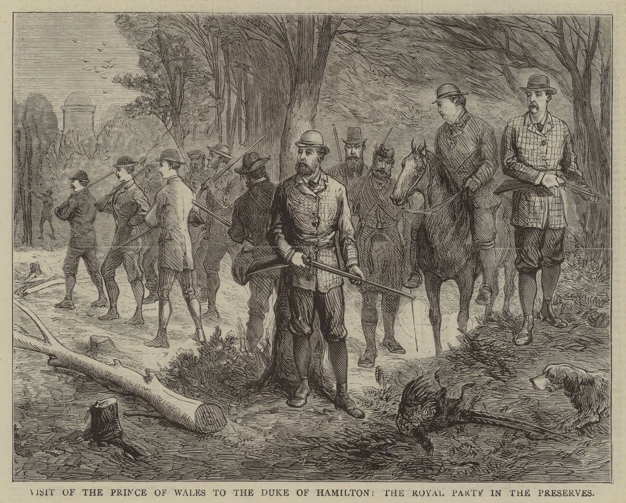 Bezoek van de Prins van Wales aan de Hertog van Hamilton, het koninklijk gezelschap in de reservaten (gravure) door English School