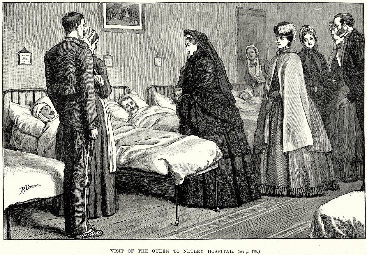 Bezoek van de koningin aan het Netley Hospital (gravure) door English School