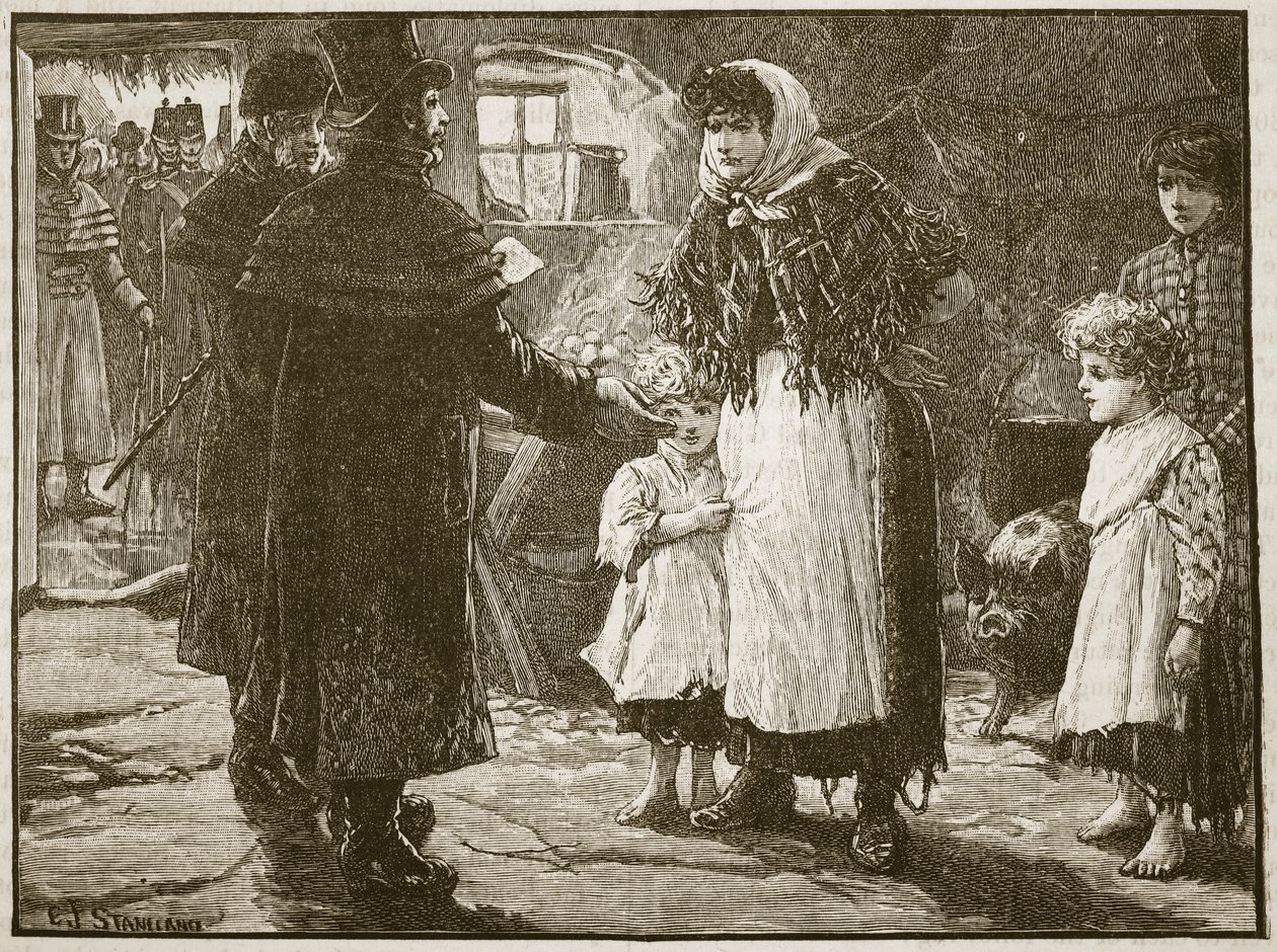 Bezoek van de tiendproctor, Ierland, 1832, illustratie uit Cassells Geïllustreerde Geschiedenis van Engeland door English School