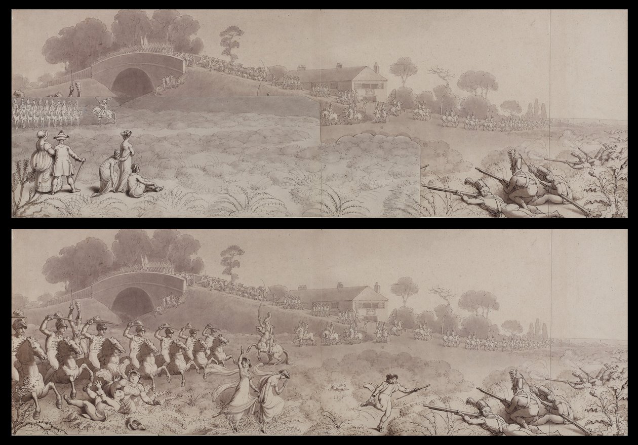 Vrijwilligersbeoordeling bij Wormwood Scrubs met de Mitre Tavern en de Mitre Bridge, Hammersmith, c.1800 (wassing op papier) door English School