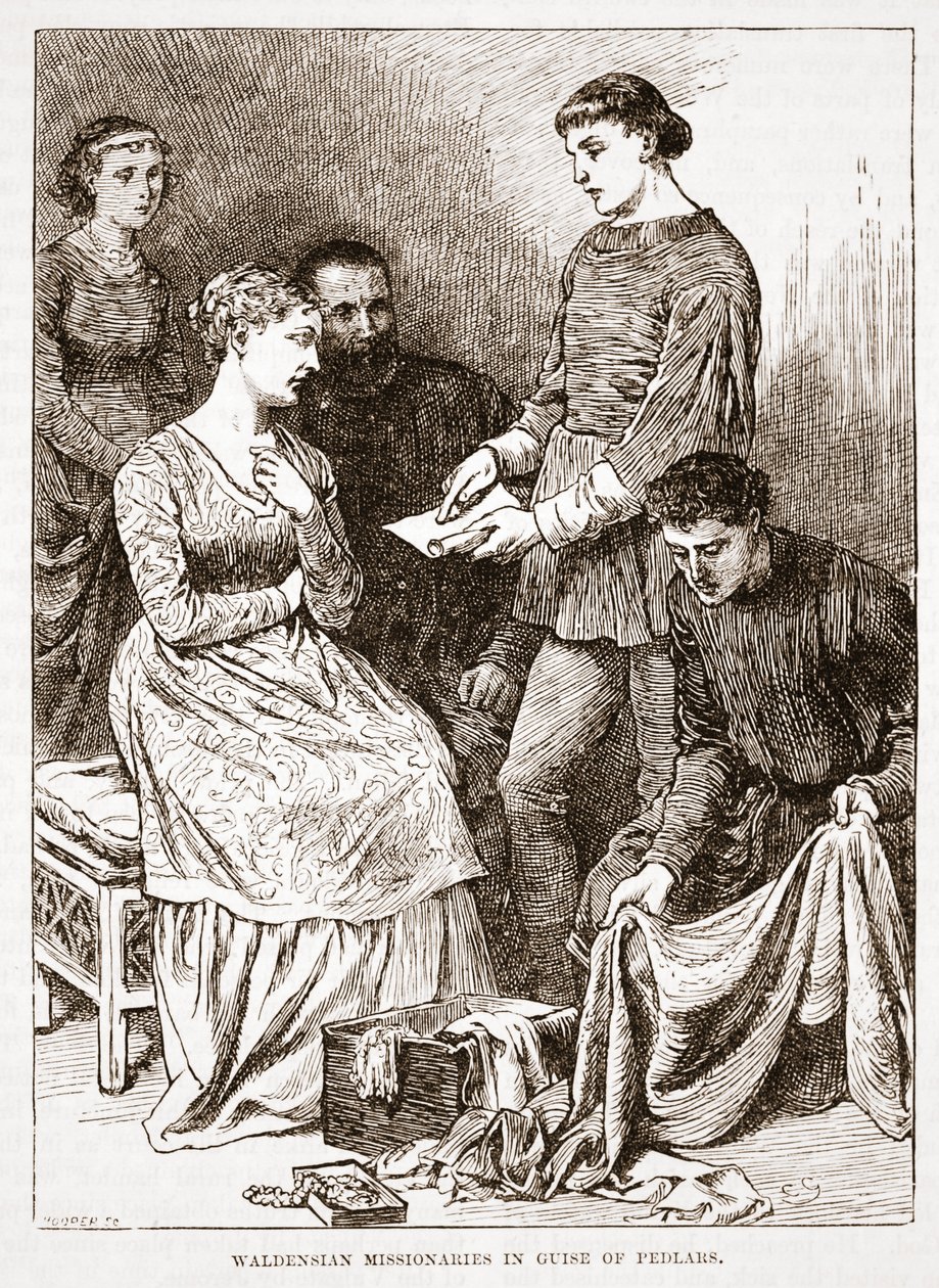 Waldensische missionarissen vermomd als marskramers, illustratie uit The History of Protestantism door James Aitken Wylie (1808-1890), gepubliceerd 1878 door English School
