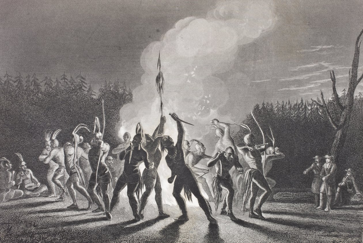 Washington en Fairfax bij een Indiaanse oorlogsdans, 1748, uit 