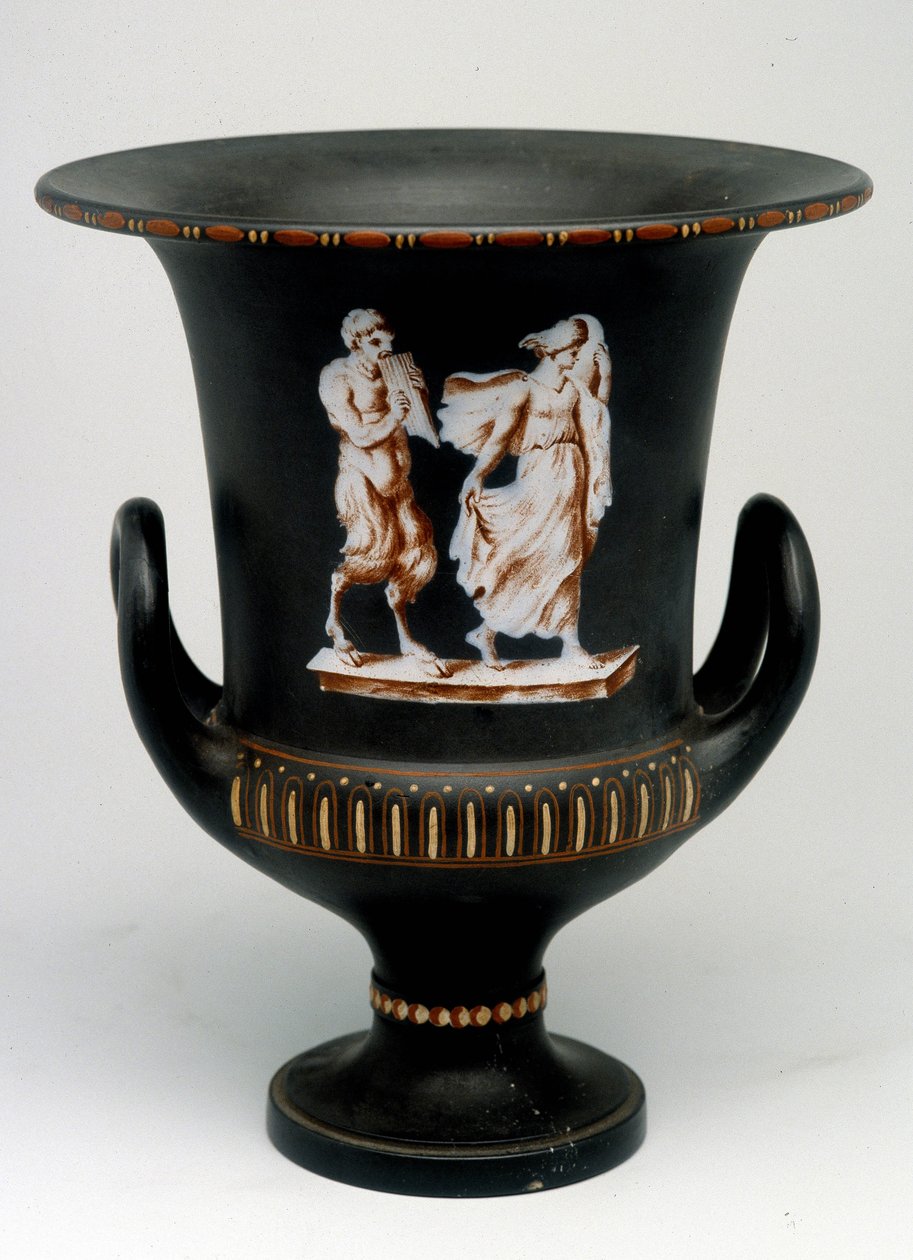 Wedgwood vaas met afbeelding van een jong meisje en een zwarte keramische satyr geschilderd 