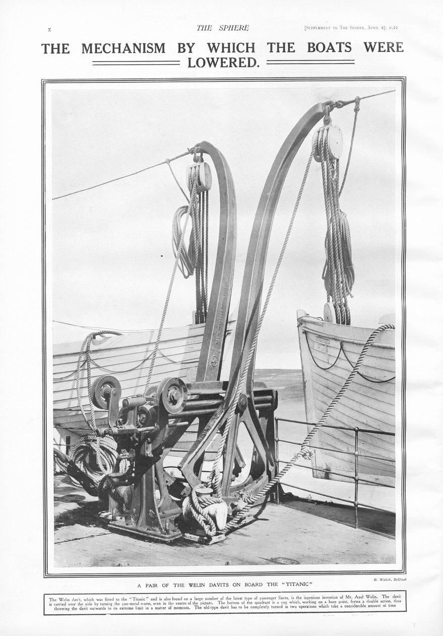 Welin davits, het mechanisme waarmee de boten werden neergelaten, uit The Sphere, 27 april 1912 door English School