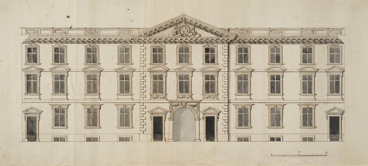Westgevel van het voorgestelde nieuwe gebouw voor de Garden Quadrangle bij New College, c.1680 door English School