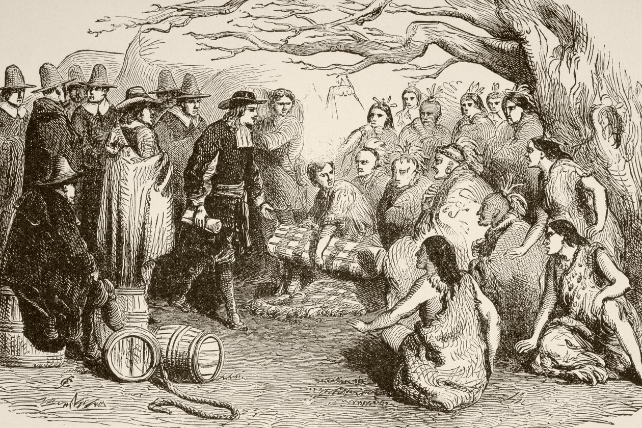 William Penn sluit een verdrag met de Delaware of Lenape Indianen in 1682 (litho) door English School