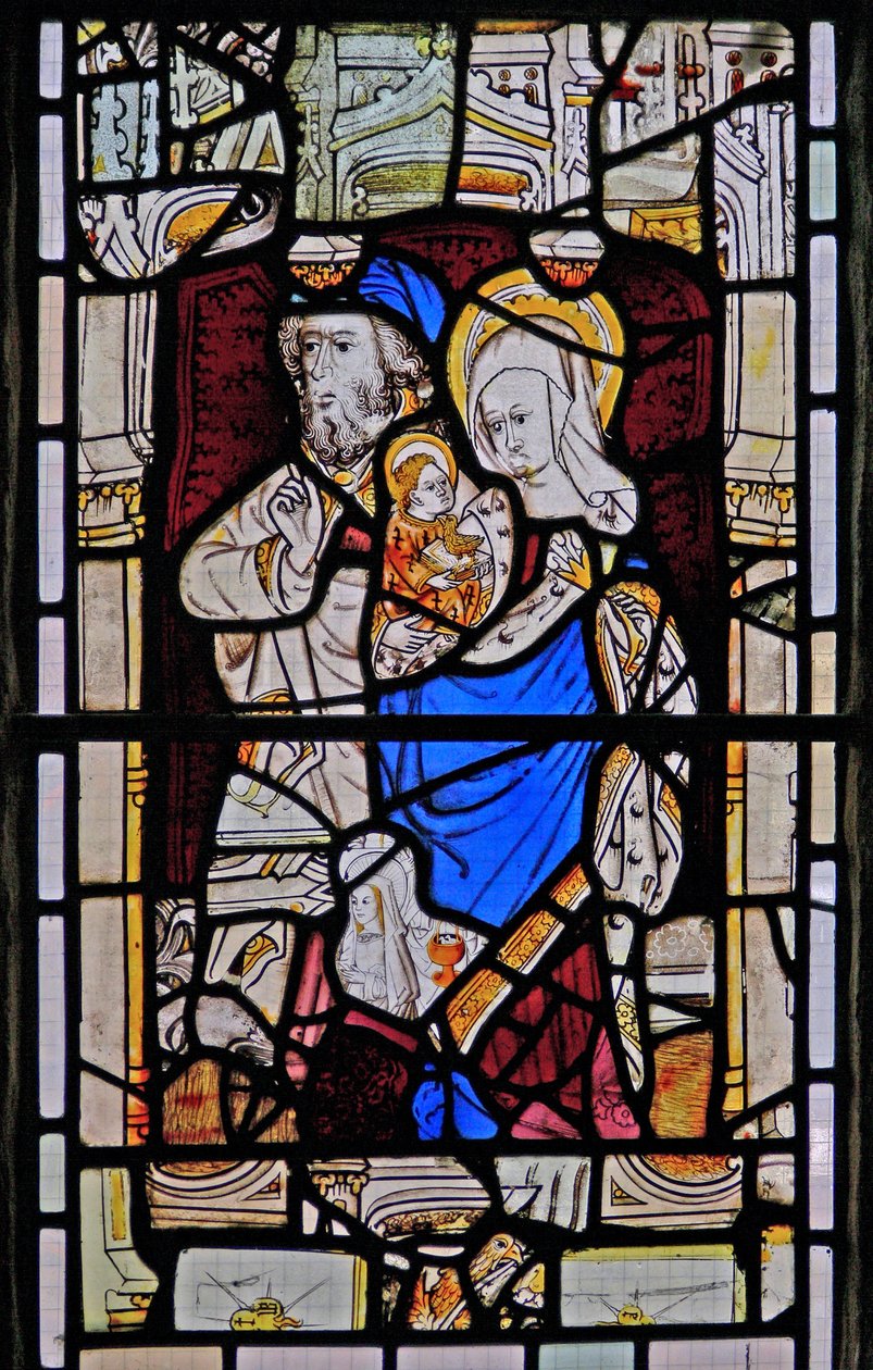 Raam Ew met St. Anna, Joachim, de Maagd Maria en het Christuskind door English School