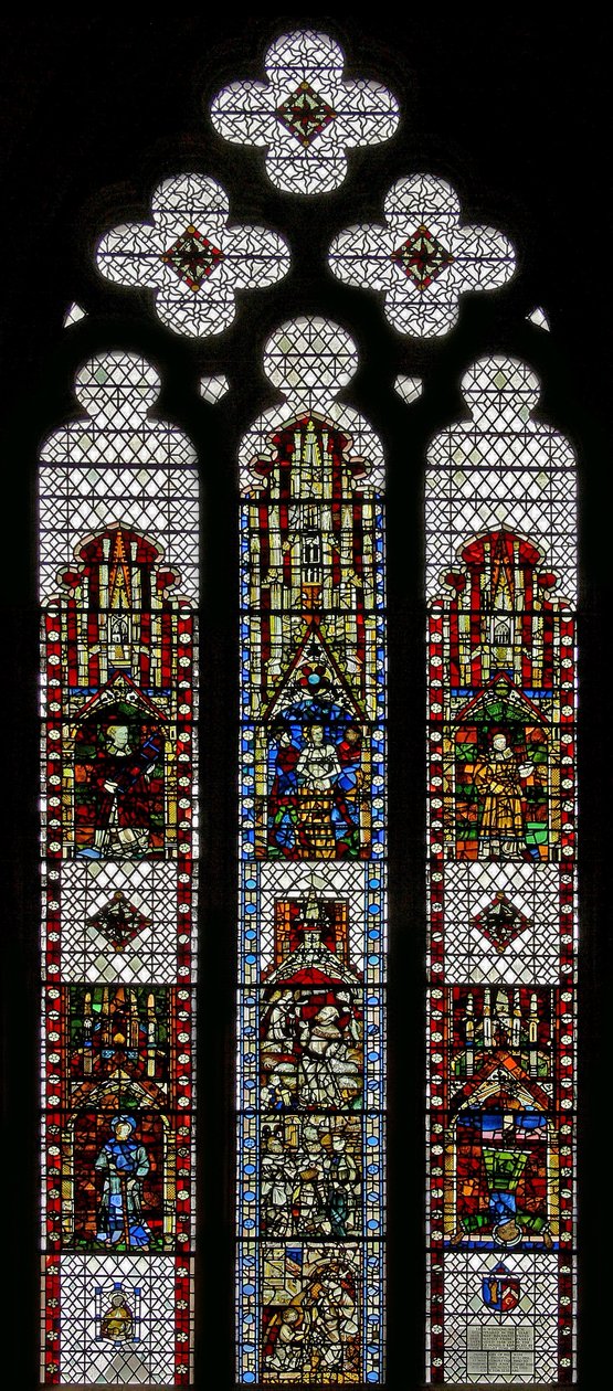 Raam w32 met St. George, St. Laurentius, St. Stefanus, St. Cuthbert, St. Petrus, St. Anna, St. Joachim door English School