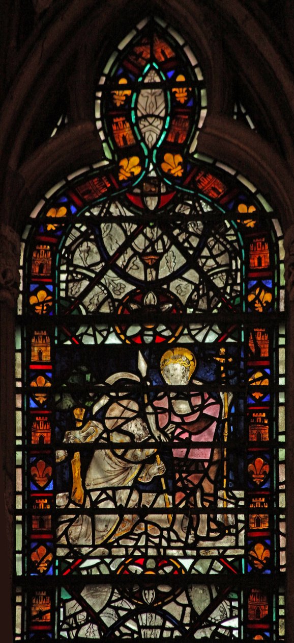 Raam w58 met de ongelovige St. Thomas; grisaille en rand door English School