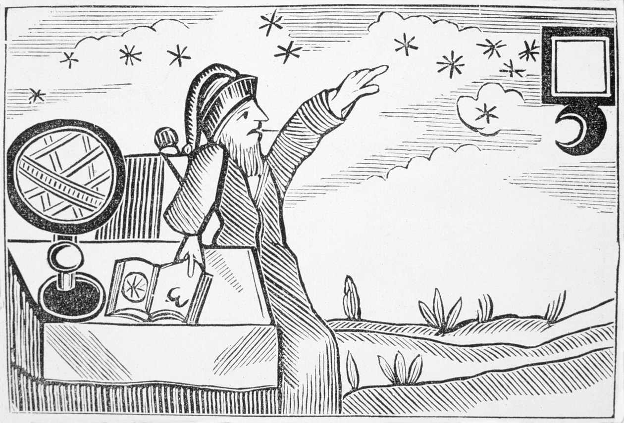 Tovenaar Raadpleegt de Maan en de Sterren, illustratie uit een verzameling chapbooks over esoterica door English School