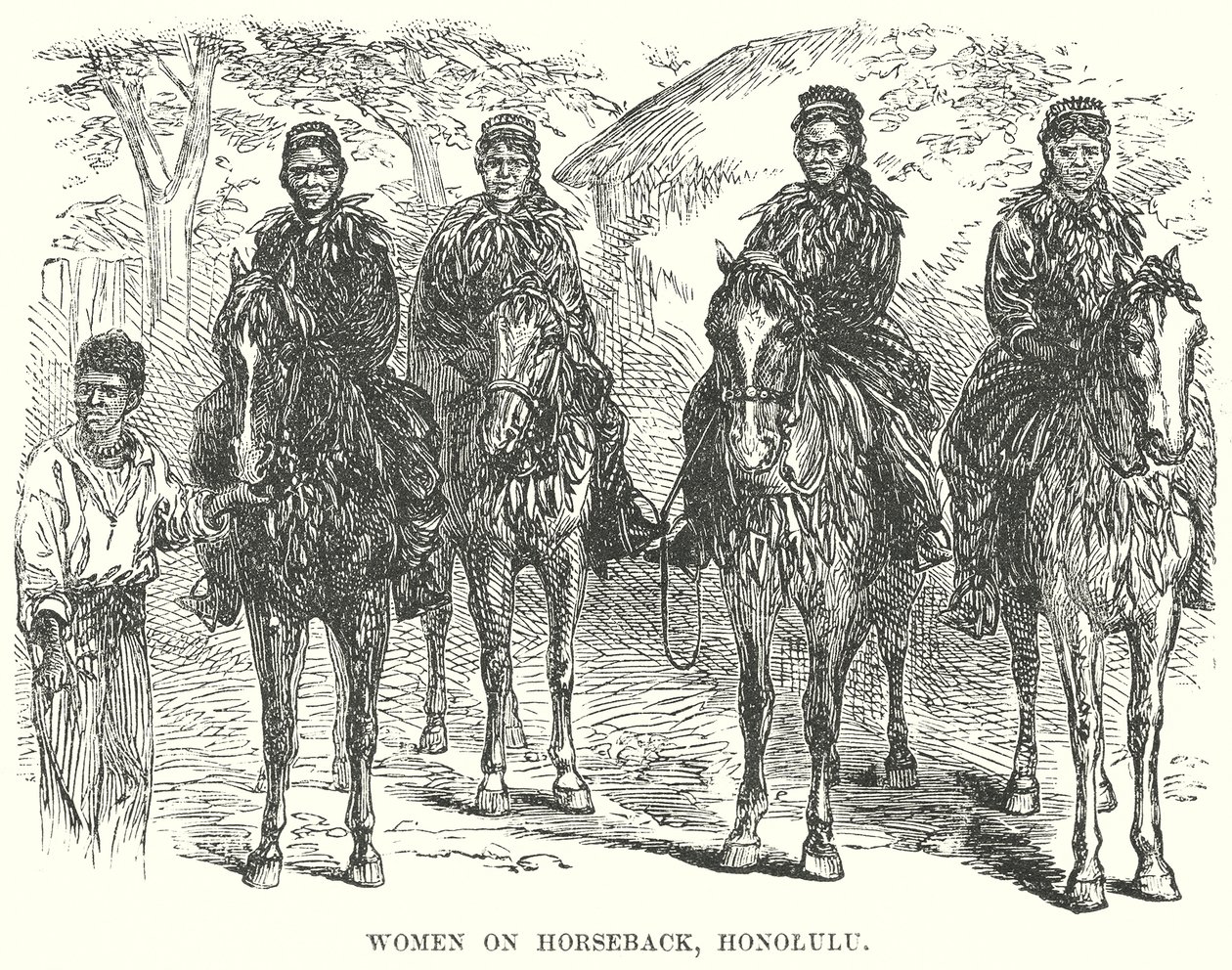 Vrouw te paard, Honolulu (gravure) door English School