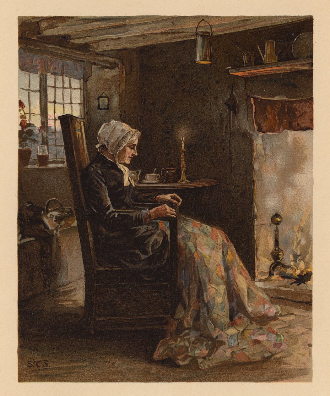 Vrouw naait een lappendeken (chromolitho) door English School