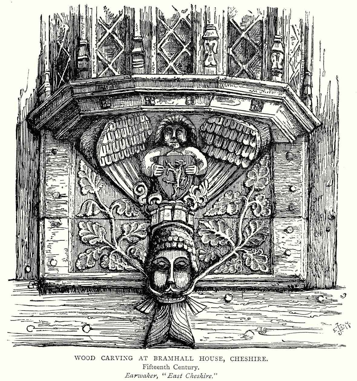 Houtsnijwerk in Bramhall House, Cheshire (gravure) door English School