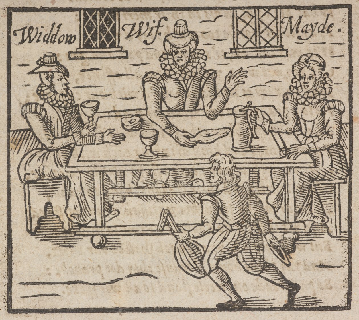 Houtsnede die vrouwen toont die rond een tafel zitten, een weduwe, vrouw en dienstmeid door English School