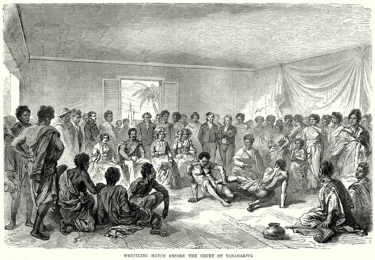 Worstelwedstrijd voor het hof van Tananarivo (gravure) door English School