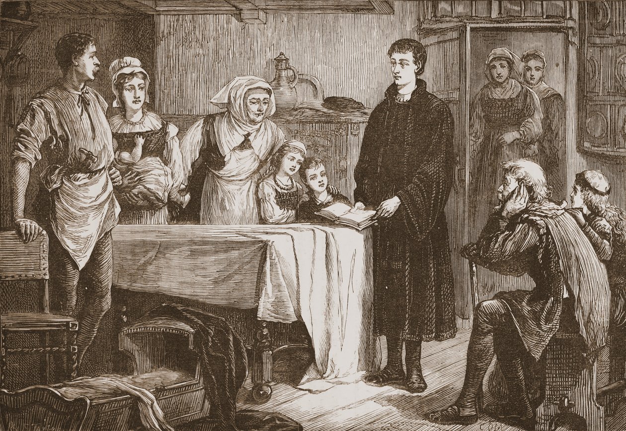 Jonge Calvijn legt de Bijbel uit aan een familie in Bourges, illustratie uit De Geschiedenis van het Protestantisme door James Aitken Wylie, gepubliceerd in 1878 door English School
