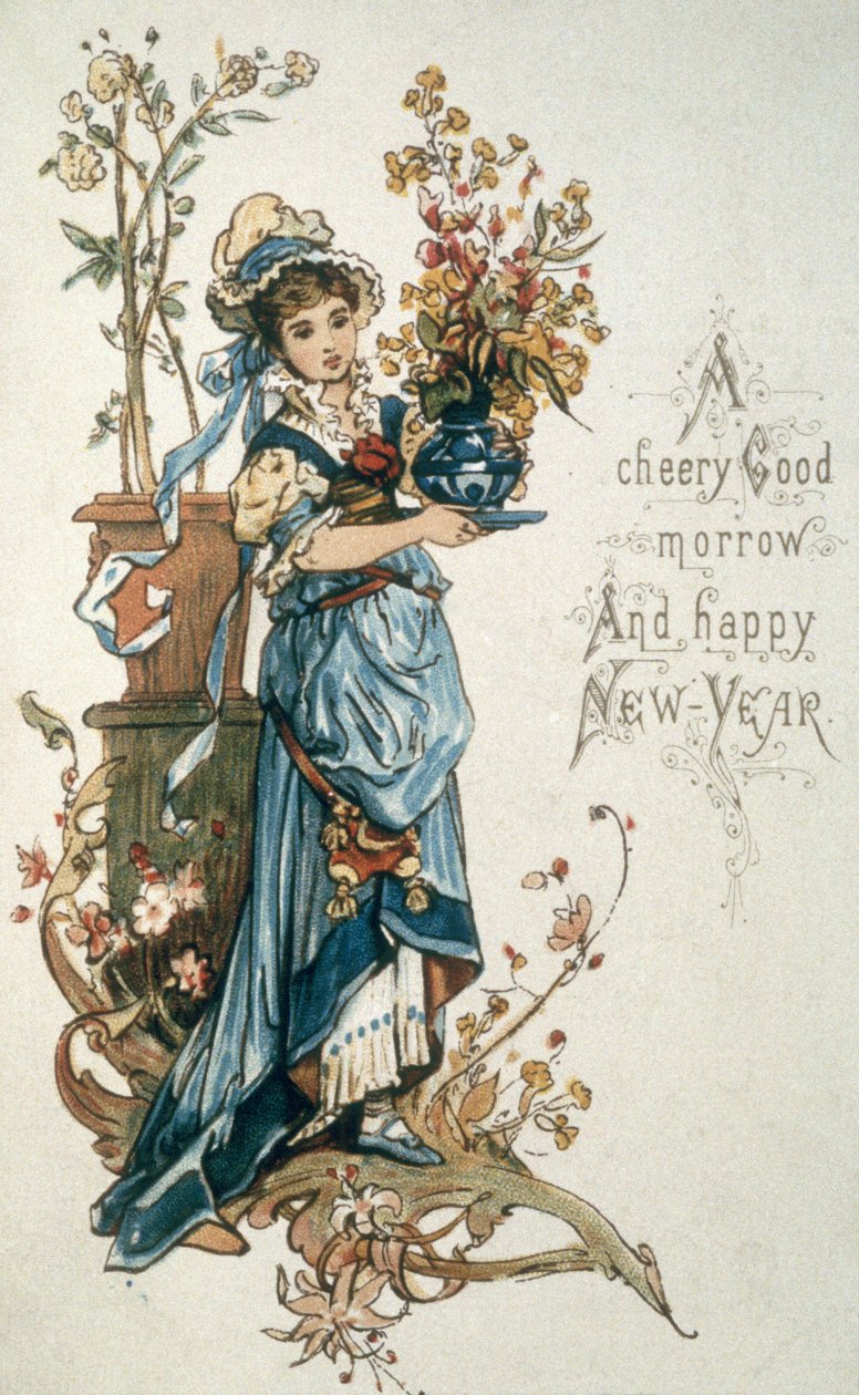 Jong meisje in blauw om je een heel gelukkig kerstfeest en nieuwjaar te wensen, ca. 1900 door English School