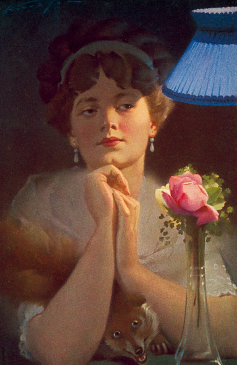 Jonge vrouw en een vos onder lamplicht (kleurenlitho) door English School