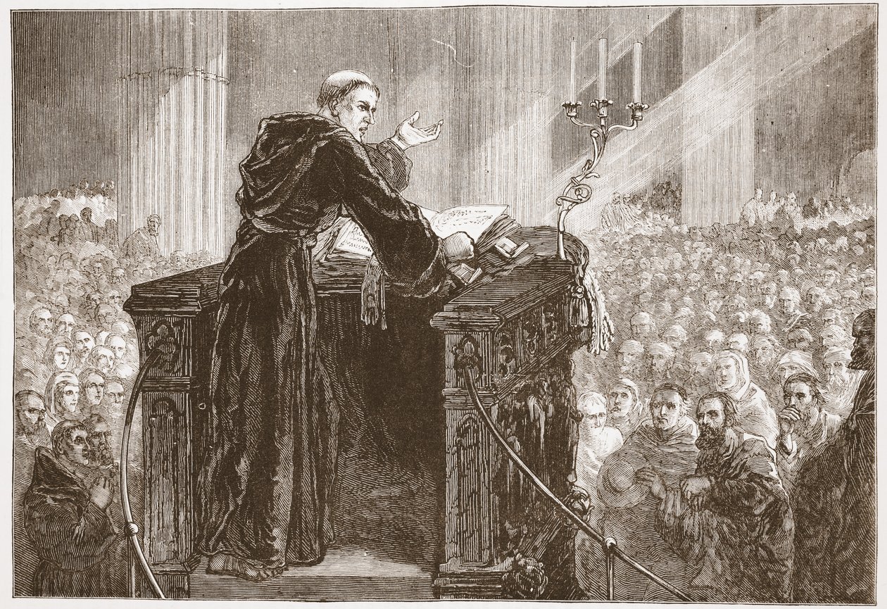 Zwingle preekt in de kathedraal van Zürich, illustratie uit De Geschiedenis van het Protestantisme door James Aitken Wylie, 1878 door English School