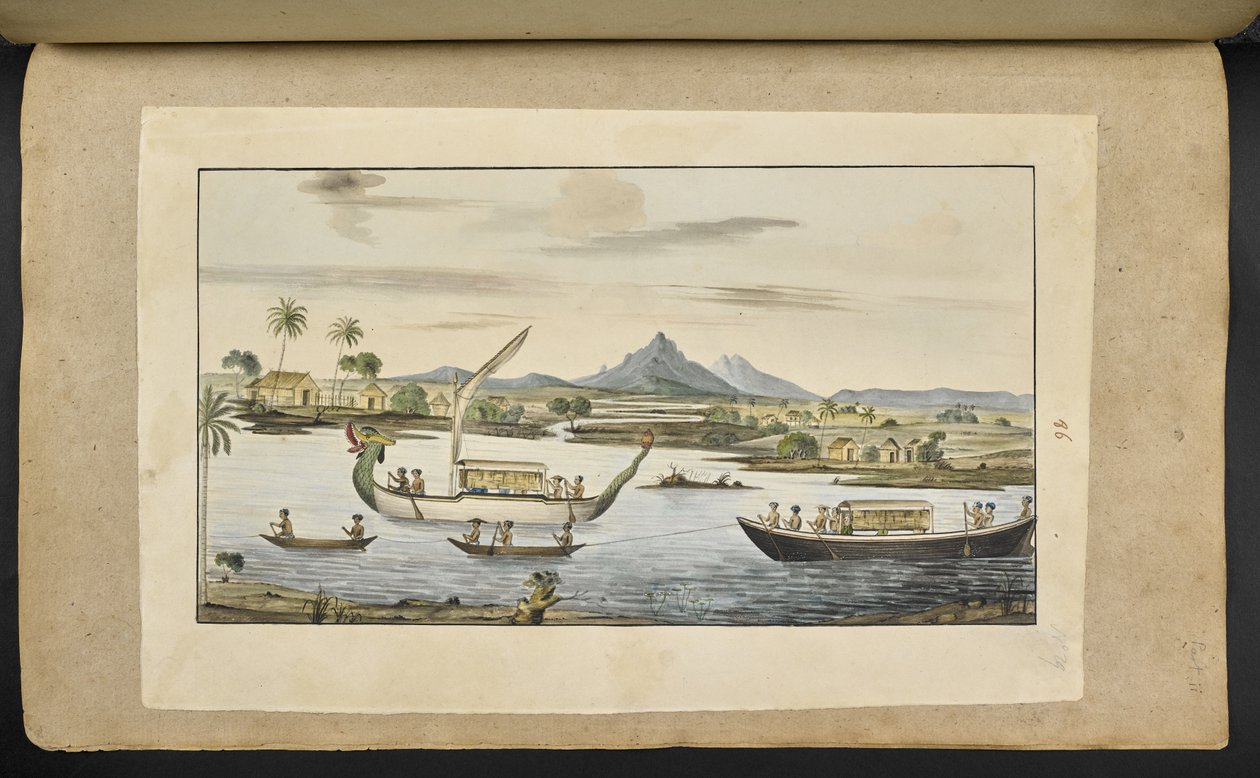 Rivierscène in Java met boten, inclusief een drakenkopboot door English School