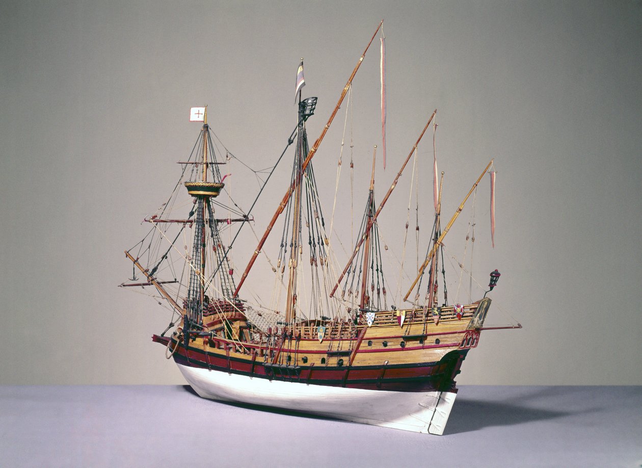 Schaalmodel van een Portugese caravela uit c.1535 door English School English School
