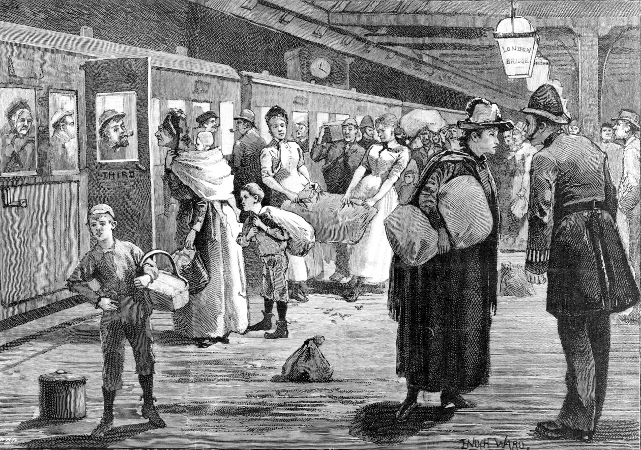 Hopplukkers vertrekken vanaf het London Bridge treinstation om middernacht, 1891 door Enoch Ward