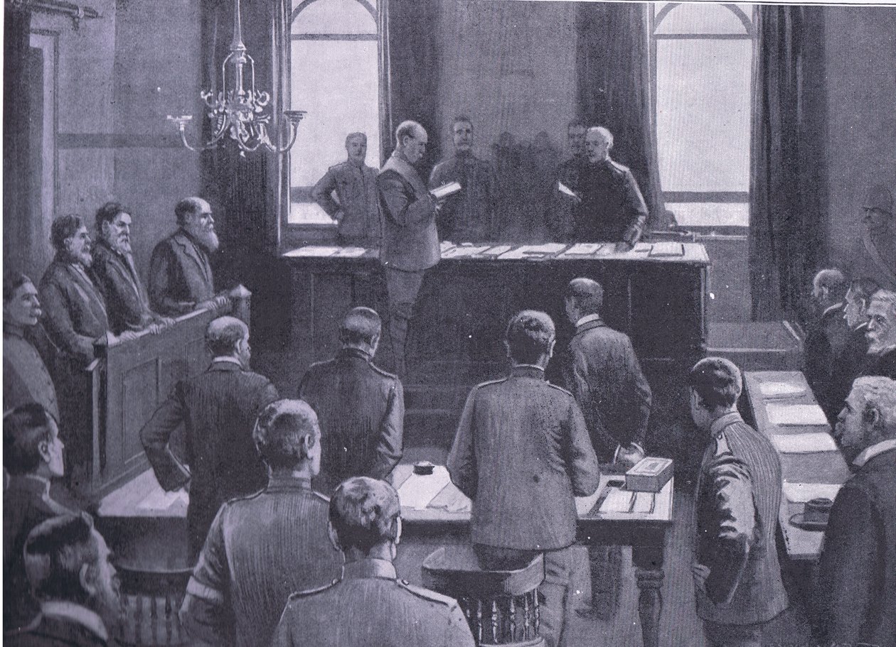 Een proces voor verraad in Bloemfontein, uit After Pretoria: The Guerilla War gepubliceerd door Harmsworth Bros Limited, 1901 door Enoch Ward