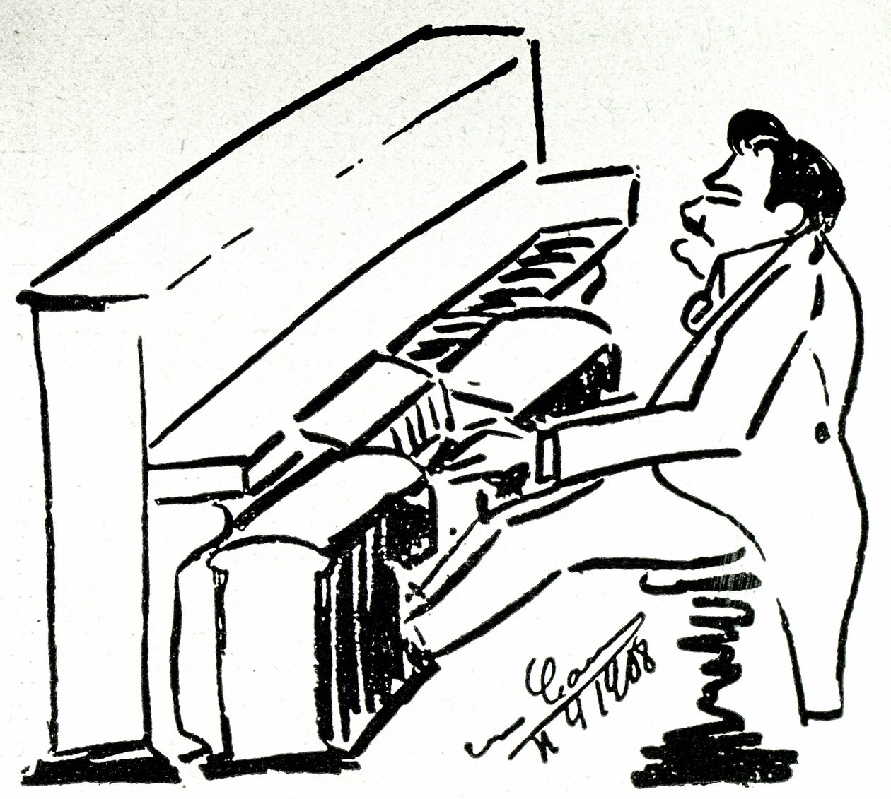 Zelfkarikatuur van lyrische zanger Enrico Caruso aan de pianola door Enrico Caruso