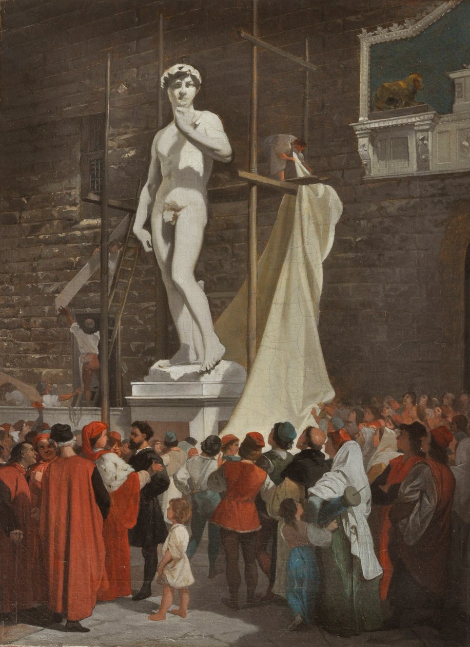 Michelangelo onthult het standbeeld van David, ca.1863 (olieverf op doek) door Enrico Pollastini