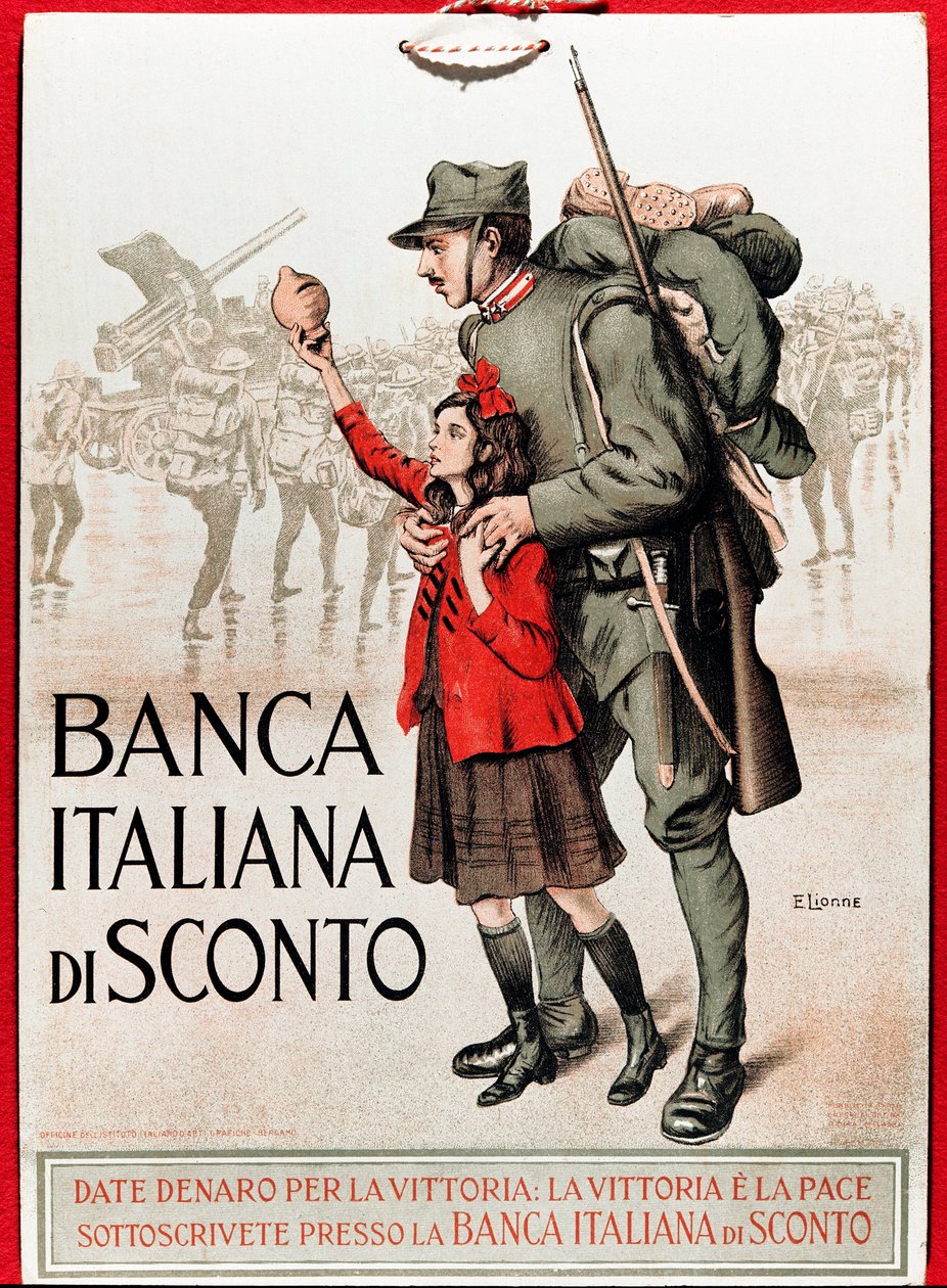 Eerste Wereldoorlog: Italiaanse poster die een nationale lening aanmoedigt, met een soldaat en een klein meisje die zijn lira aanbiedt - Illustratie door Enrico della Leonessa (Lioness) (1875-1921) door Enrico della Lionne