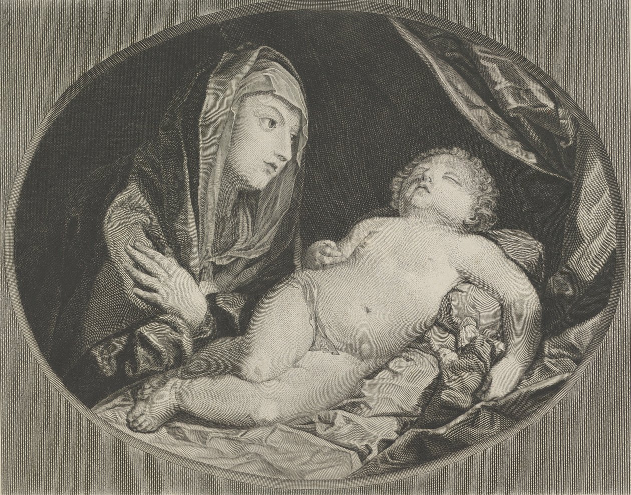 De Maagd met gekruiste armen over haar borst kijkt naar het slapende kind Christus, 1770-1834 door Ephraim Gottlieb Krüger