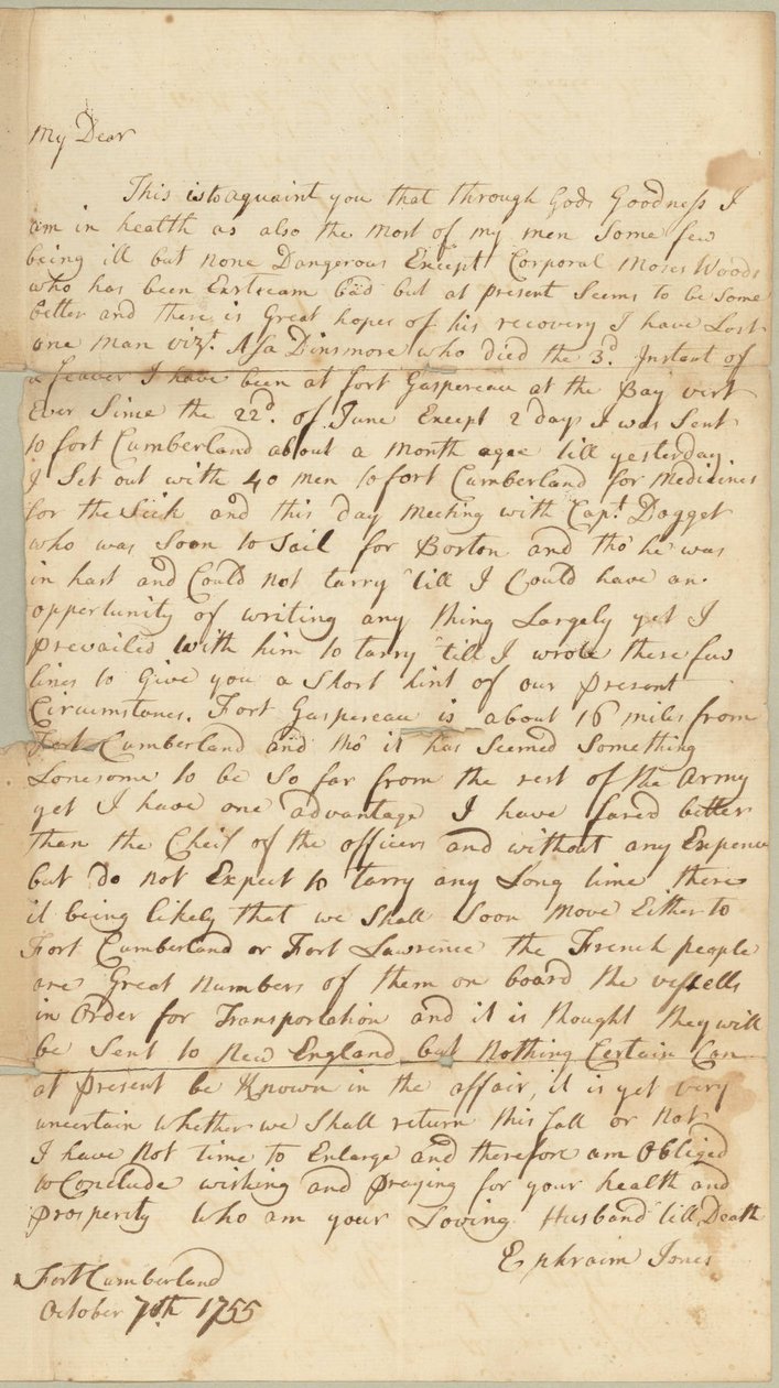 Brief aan Allice Jones, Concord, Massachusetts, 7 oktober 1755 door Ephraim Jones