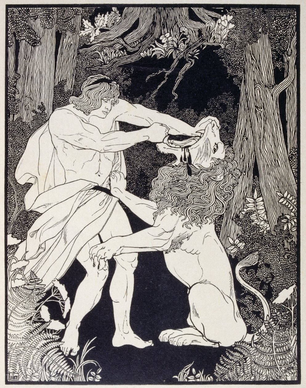 Tekening van Simson die vecht met een leeuw (gravure) door Ephraim Moses Lilien