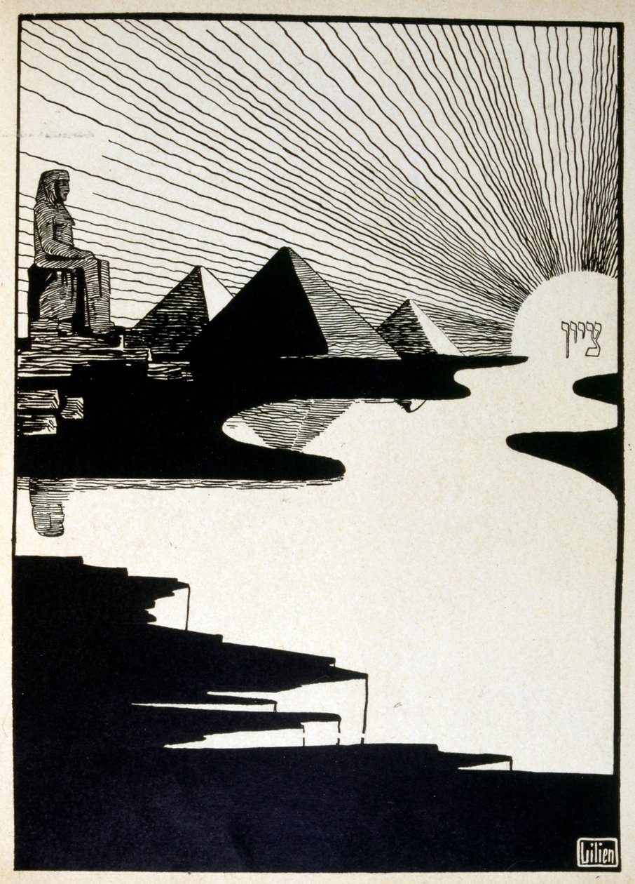Pesachfeest, uit het boek Juda geïllustreerd door Ephraim Moses Lilien (1874-1925). Lilien wordt beschouwd als de vader van de zionistische iconografie, gecreëerd in de Jugendstil (Duitse art nouveau) stijl. Hij illustreerde 