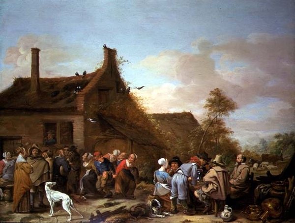 Boeren Feesten buiten een Herberg door Erasmus de Bie