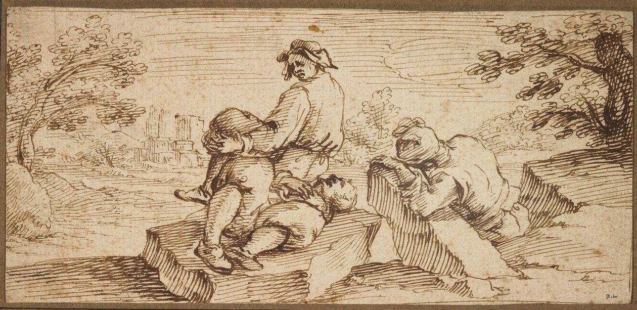Drie Figuren Rustend in een Landschap door Ercole Bazzicaluva