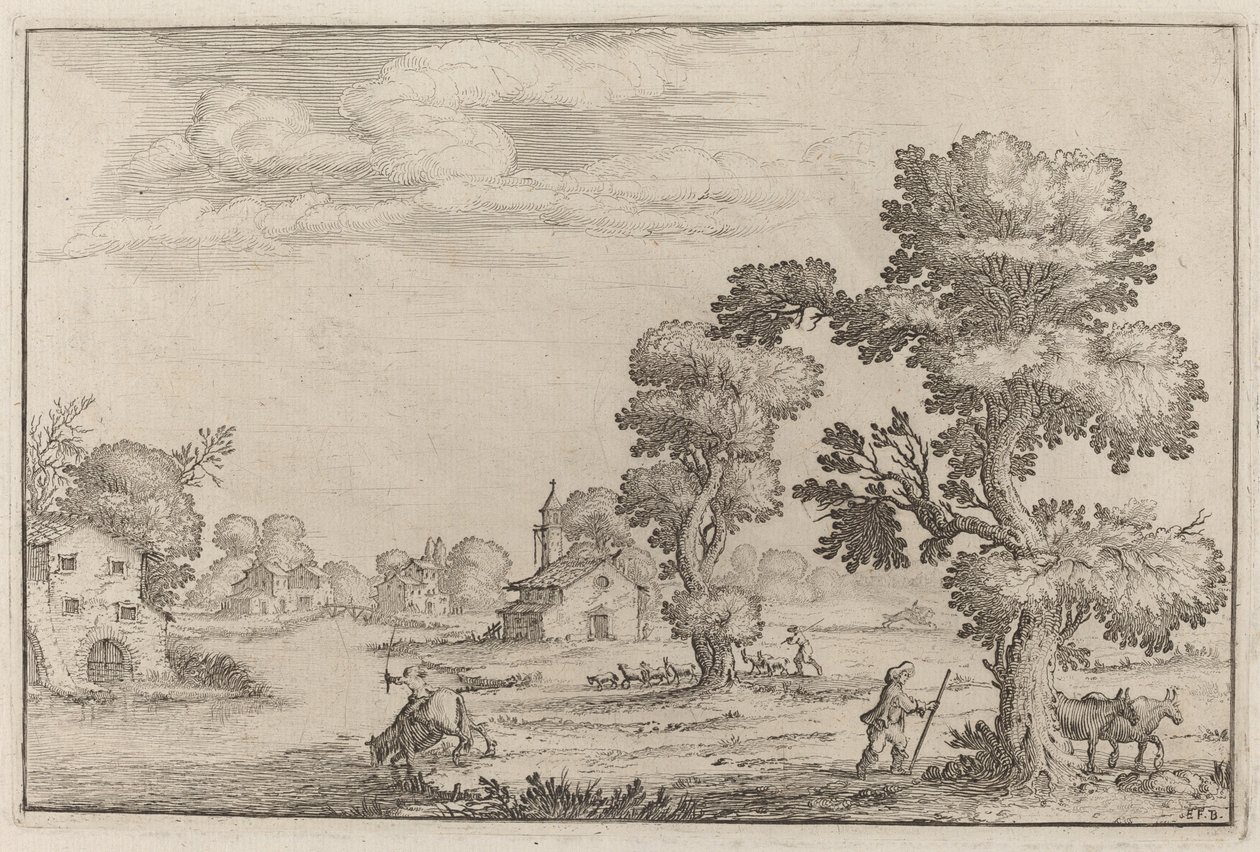 Dorp aan het meer met herders door Ercole Bazicaluva