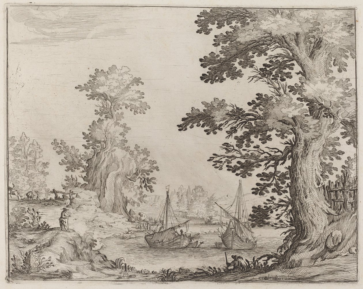 Landschap en Rivier met Geankerde Schepen door Ercole Bazicaluva