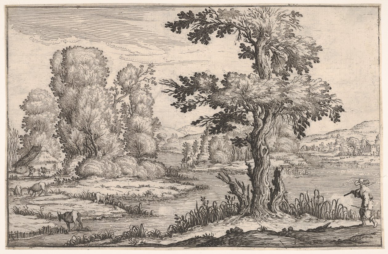 Landschap met grazende geiten bij een rivier en een figuur op de voorgrond rechts, uit een serie, 1638 door Ercole Bazicaluva
