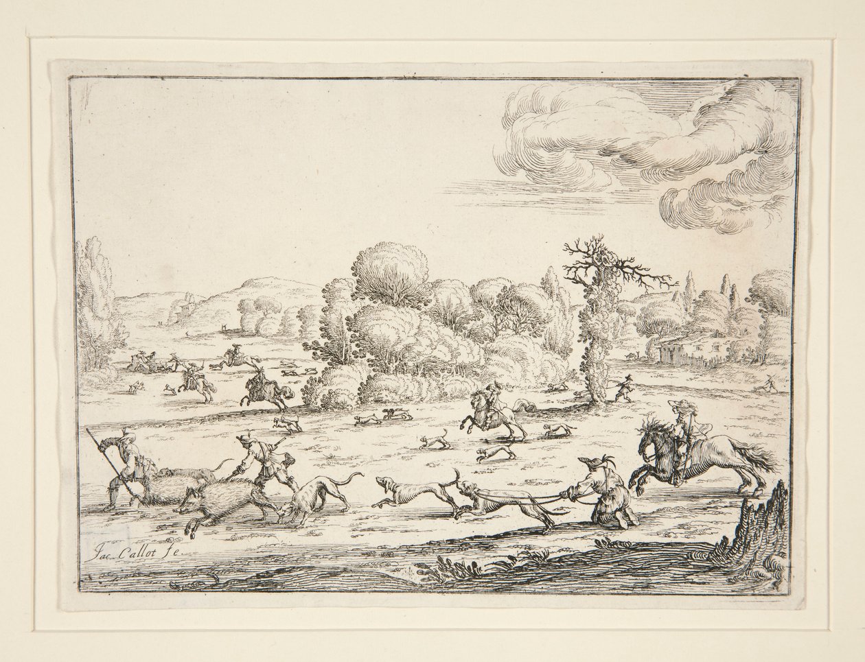 Jachtscène: Bij de Dood (naar een ontwerp van Jacques Callot) door Ercole Bazzicaluva