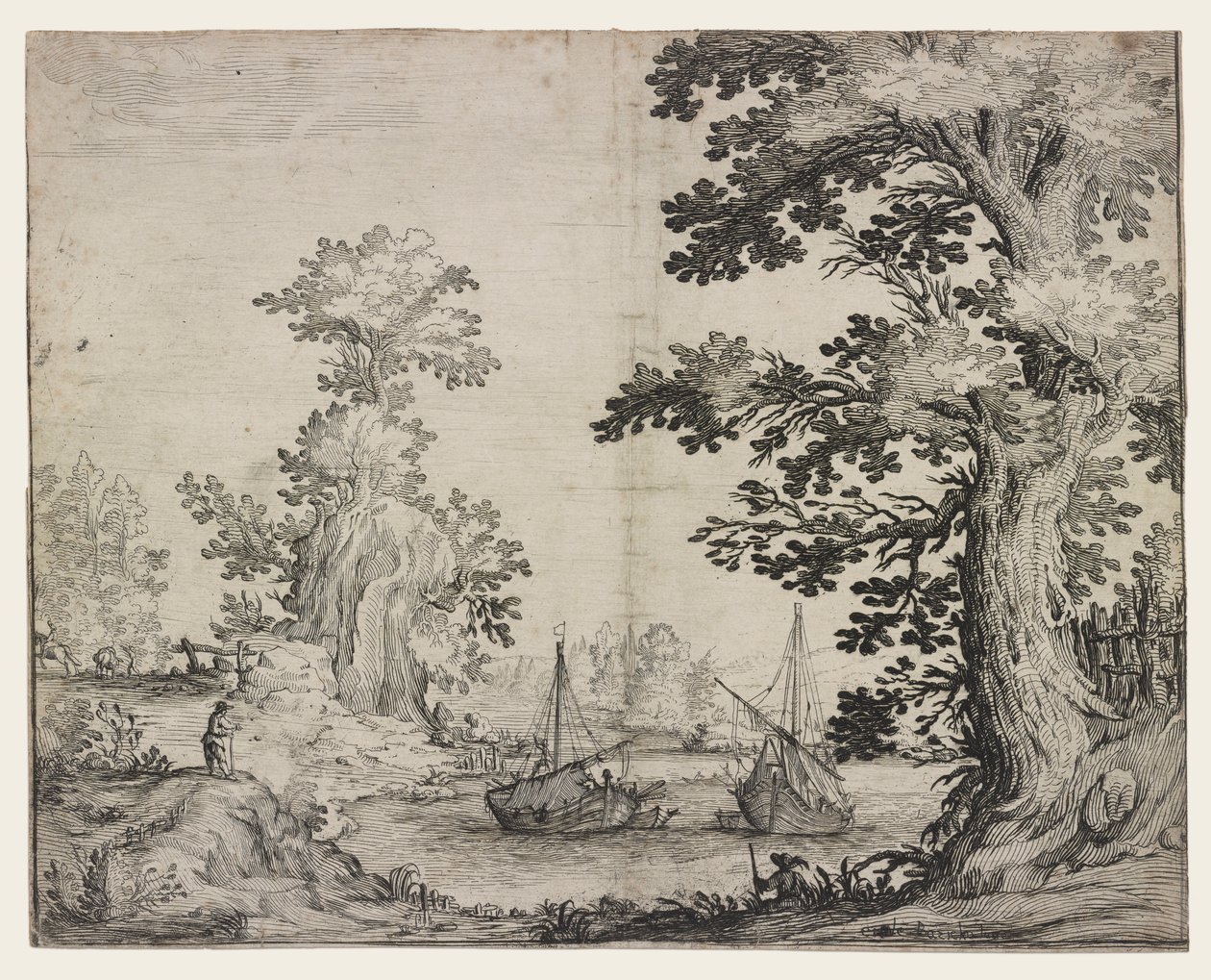 Landschap met een rivier tussen bomen en heuvels, twee schepen in het midden door Ercole Bazzicaluva