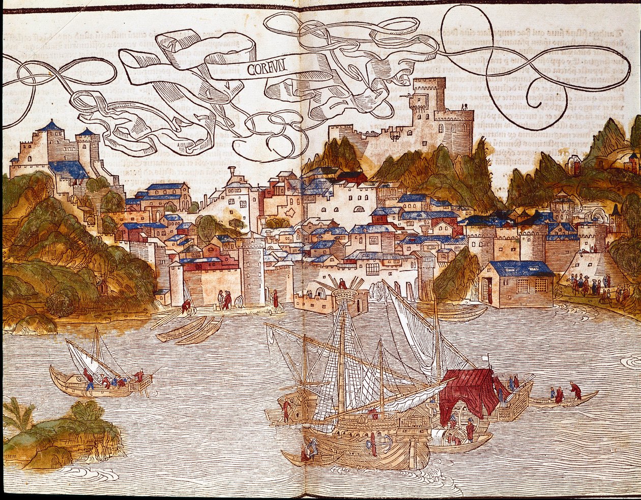 De haven van Corfu in Griekenland. Pagina uit het reisboek 
