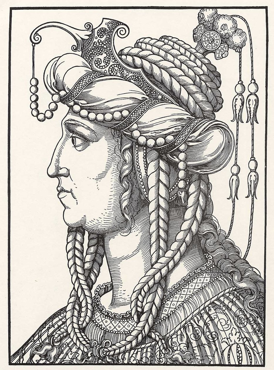 Portret van de sultane Roxelane (Russelazie (de Ruthenienne), of Hurrem (geboren Anastasia Lisovska, circa 1500-1558) echtgenote van sultan Suleiman de prachtlievende) Houtsnede door Erhard Schoen (1491-1592) circa 1532 Herzogliches Museum Gotha door Erhard Schon