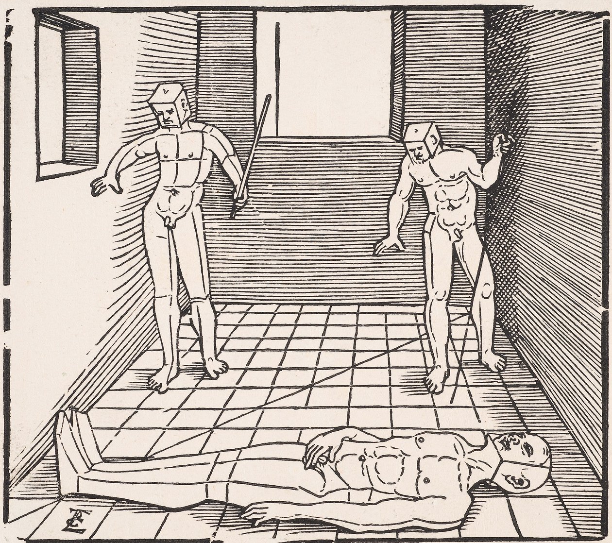Drie mannelijke figuren in een kamer Uit: Unnderweissung der Proportzion door Erhard Schon
