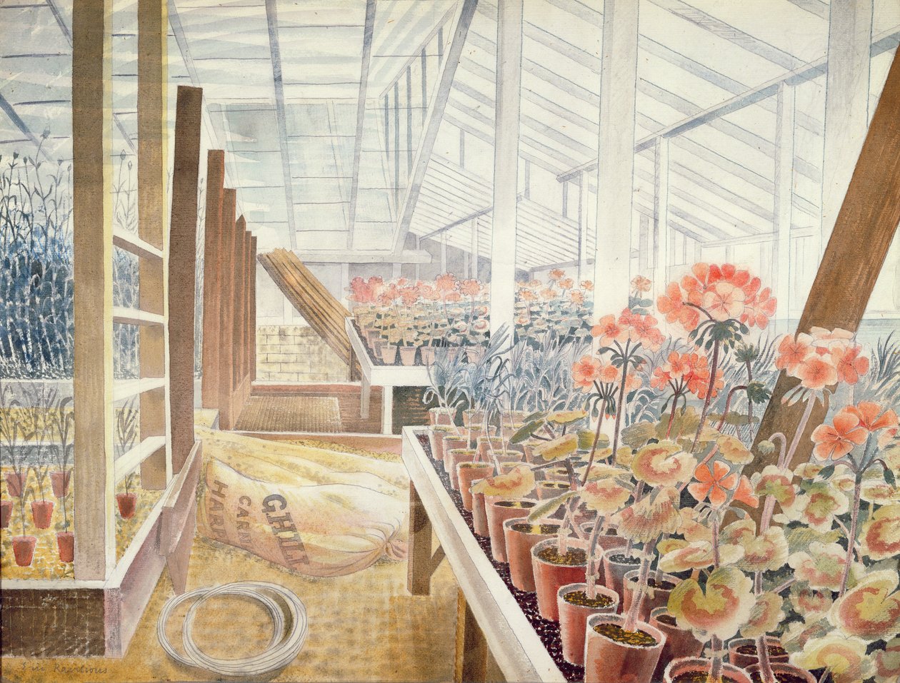 Geraniums en anjers door Eric Ravilious
