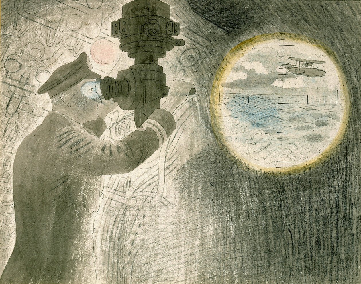 Een onderzeeër officier die door de periscoop kijkt door Eric Ravilious