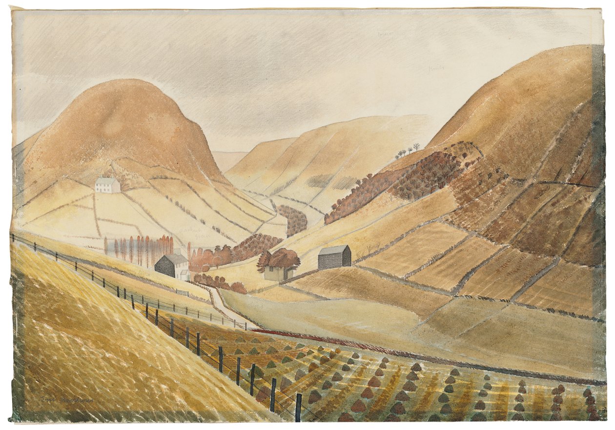 Korenstokken en boerderijen - Hill Farm, Capel-y-ffin, Wales door Eric Ravilious