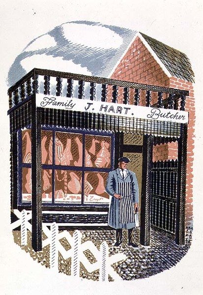 De Slagerij, gedrukt door de Curwen Press, uit High Street, door J.M. Richards, uitgegeven door Country Life, 1938 (set van 24) door Eric Ravilious