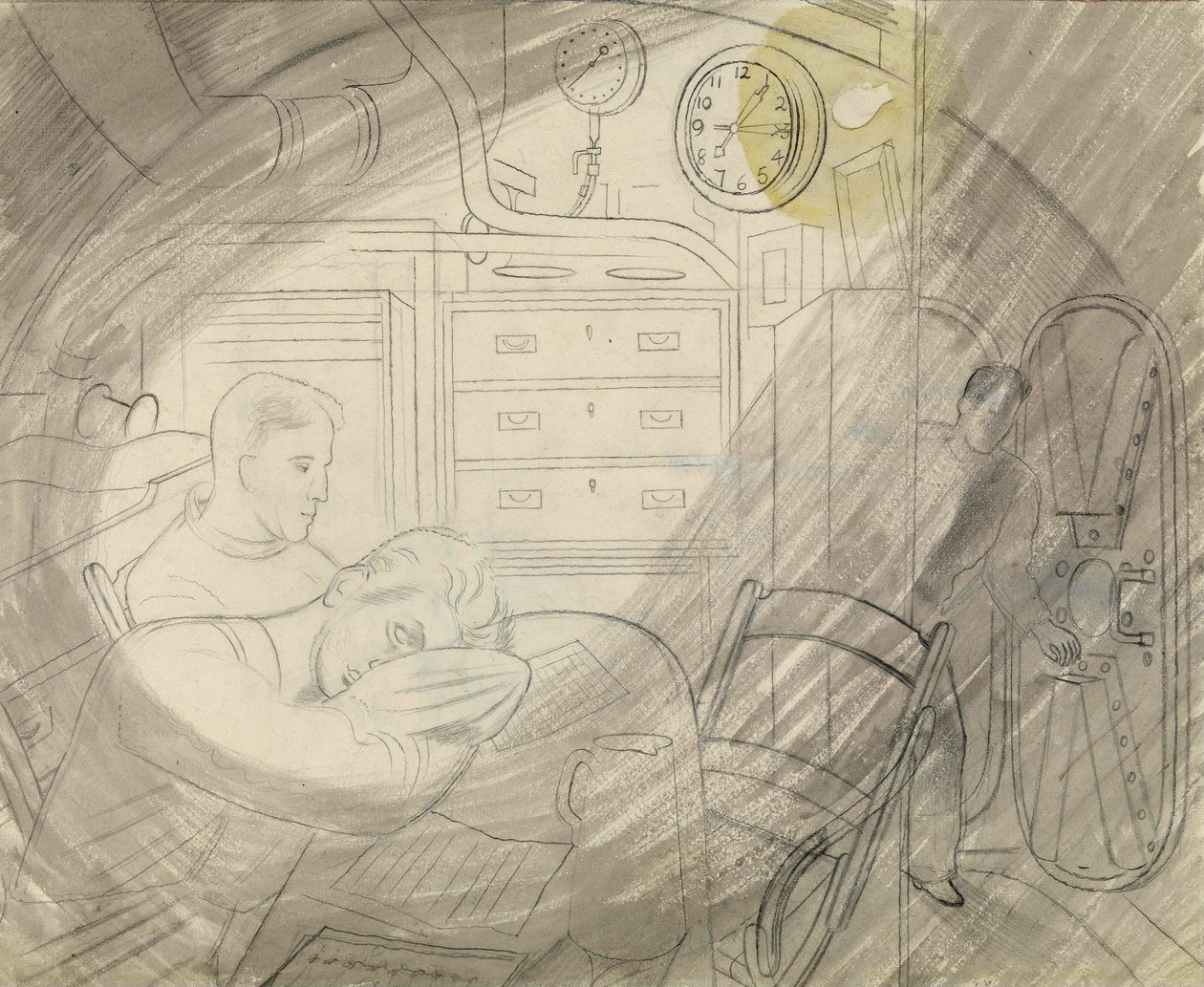De hut (of vierkant) van de senior officieren van een onderzeeër. Potloodserie door Eric Ravilious (1903-1942), aan boord van een onderzeeër tijdens de Tweede Wereldoorlog (1939-1945) door Eric Ravilious
