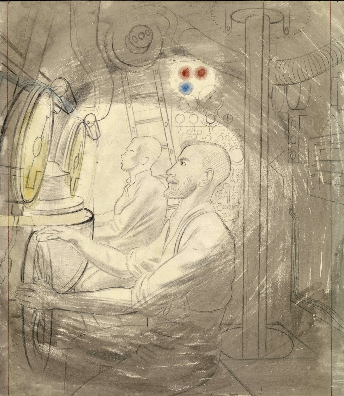 De duikbesturingskamer van een onderzeeër. Potloodserie door Eric Ravilious (1903-1942), aan boord van een onderzeeër tijdens de Tweede Wereldoorlog (1939-1945) door Eric Ravilious
